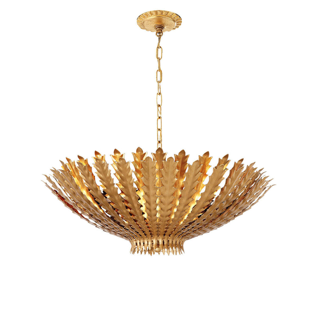 The Hampton Chandelier has a bowl shaped pendant light with gild leaf details and a delicate chain hanger.