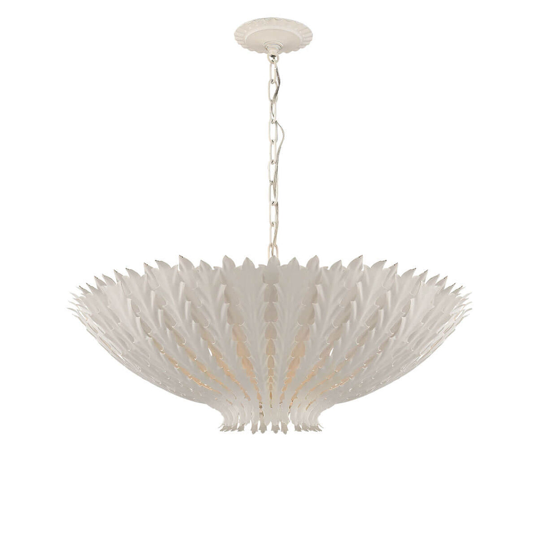 The Hampton Chandelier has a bowl shaped pendant light with plaster white leaf details and a delicate chain hanger.