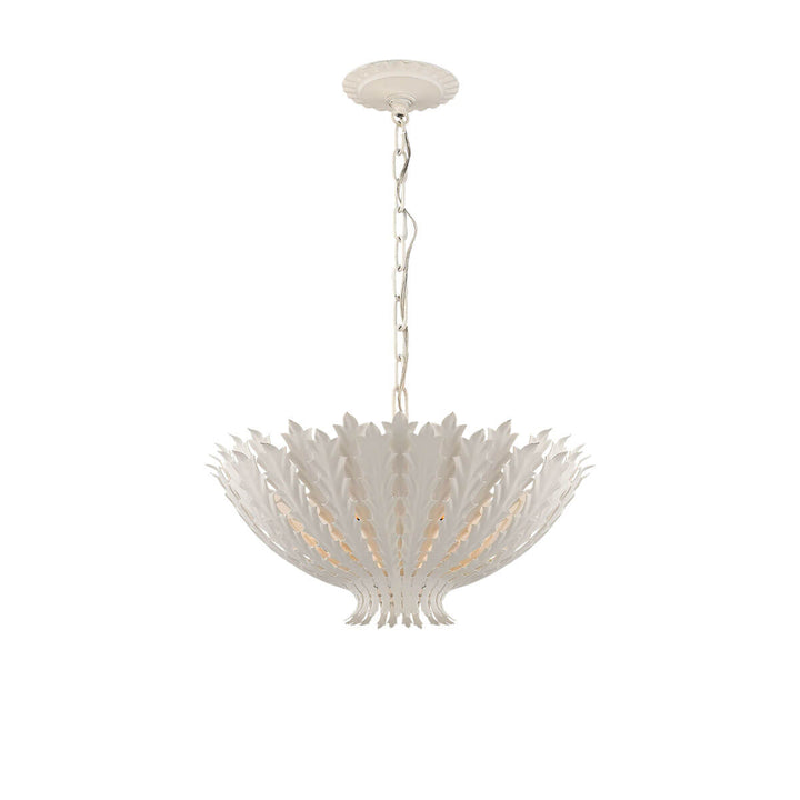 Modern pendant light with plaster white plated leaves on the shade and a bowl shape.
