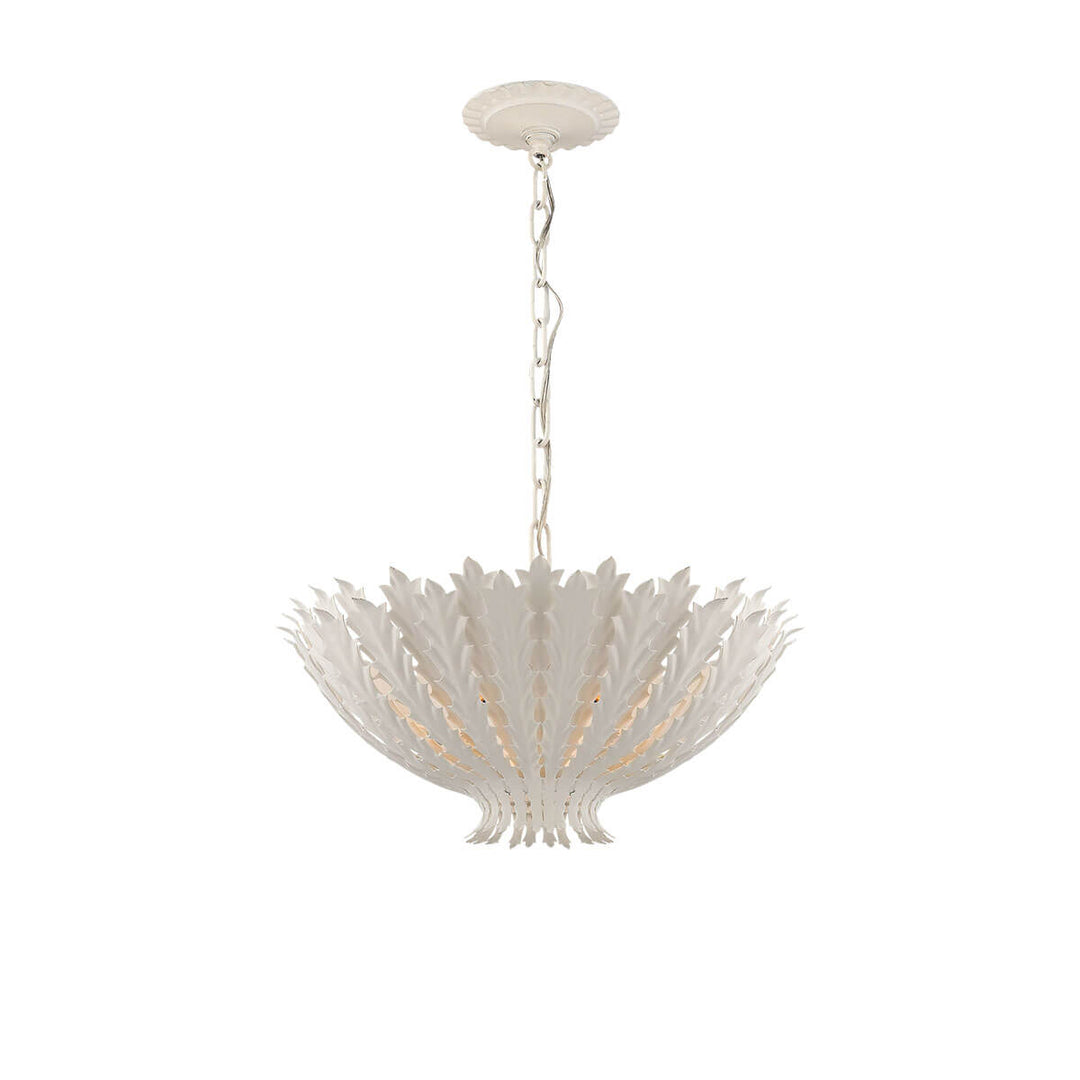 Modern pendant light with plaster white plated leaves on the shade and a bowl shape.