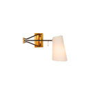 Arm wall light. Hand aged brass with black. Linen shade.