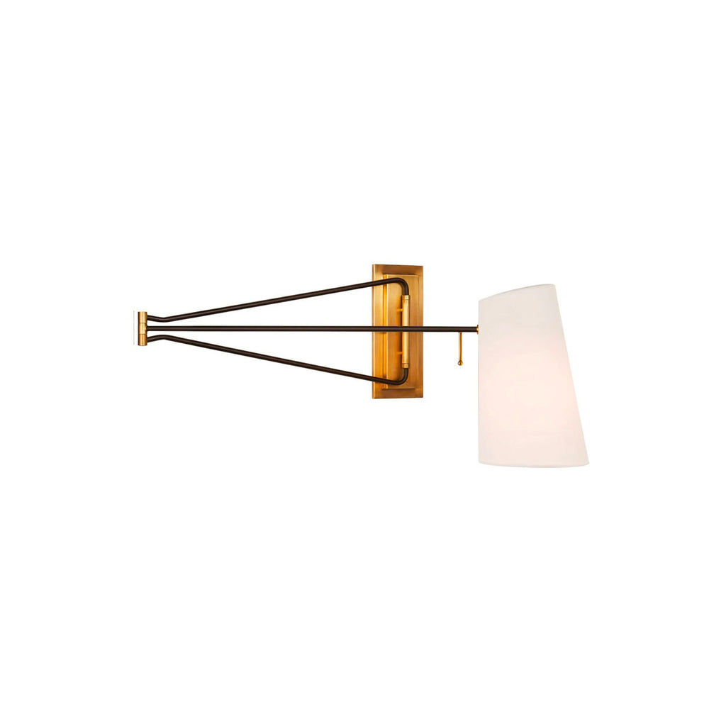 Large Swing Arm wall light. Hand aged brass with black arm and white linen shade.