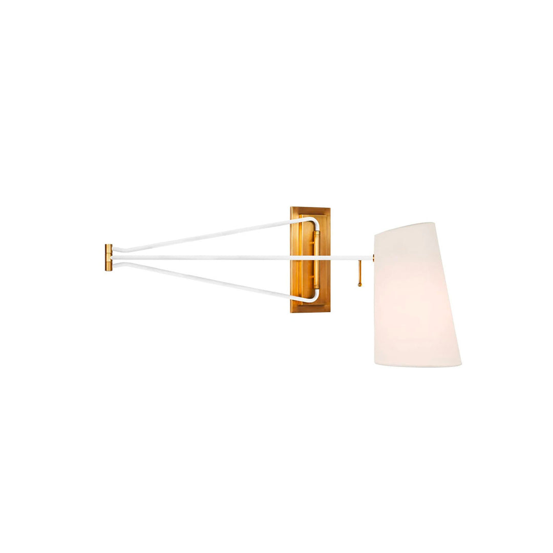 Large Swing Arm wall light. Hand aged brass with white linen shade.