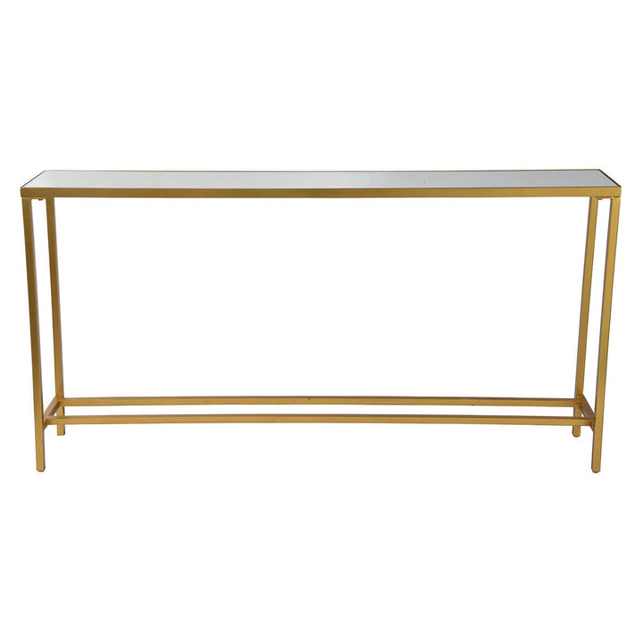 The Vaughan Console Table is a narrow, iron table with a gold leaf finish and mirror top.