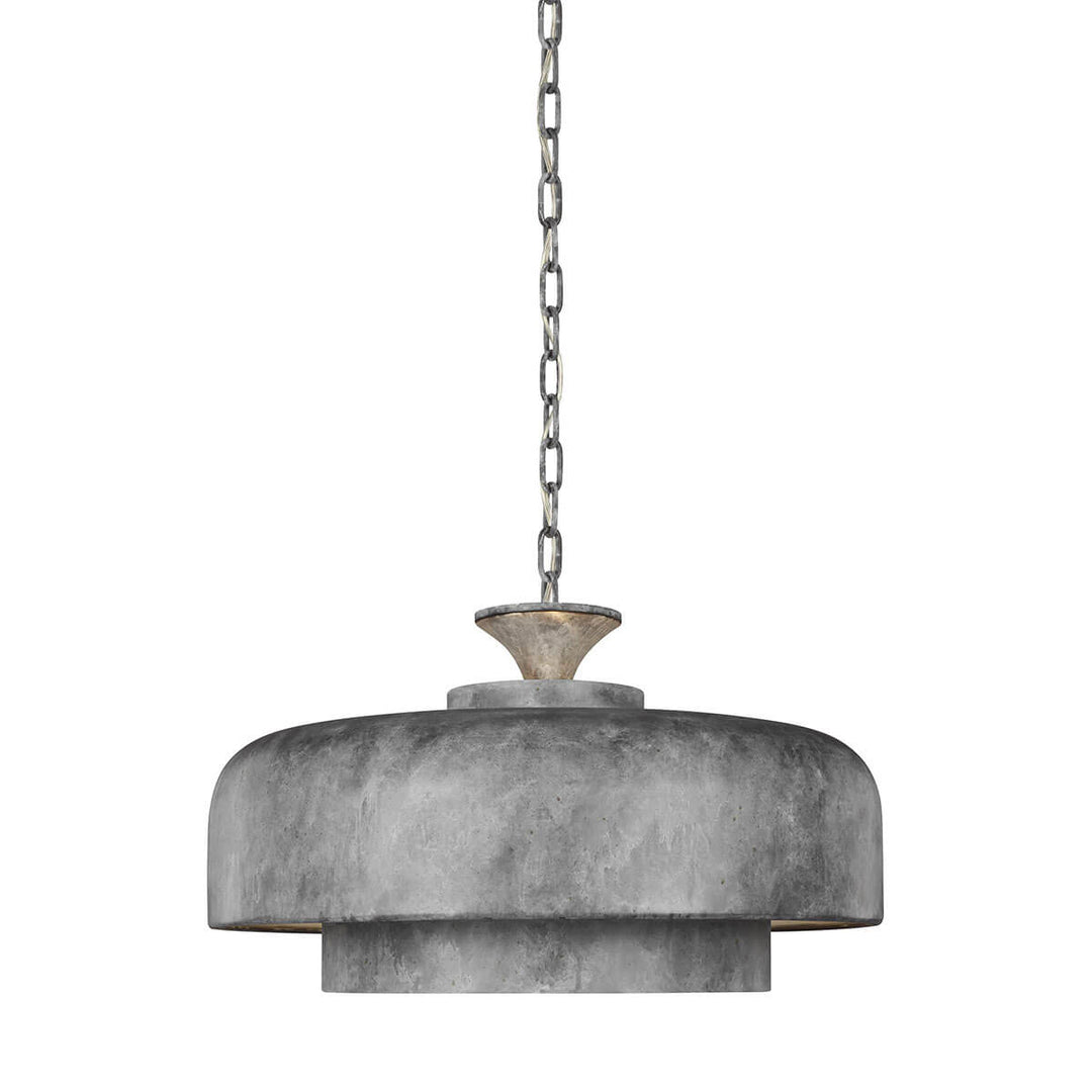 Grey and black texture on the galvanized steel large pendant with chain hanging details.