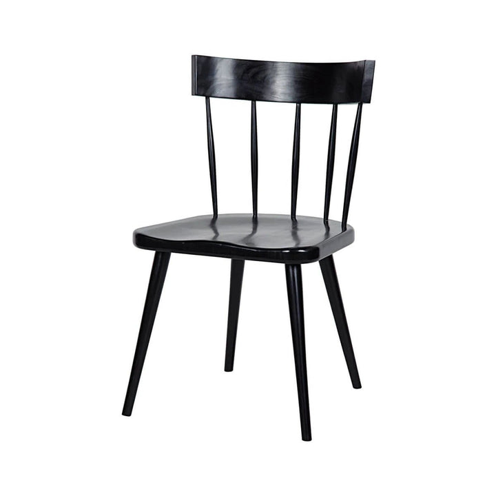 Classic dining room chair with a spindle back made in rubbed black mahogany.