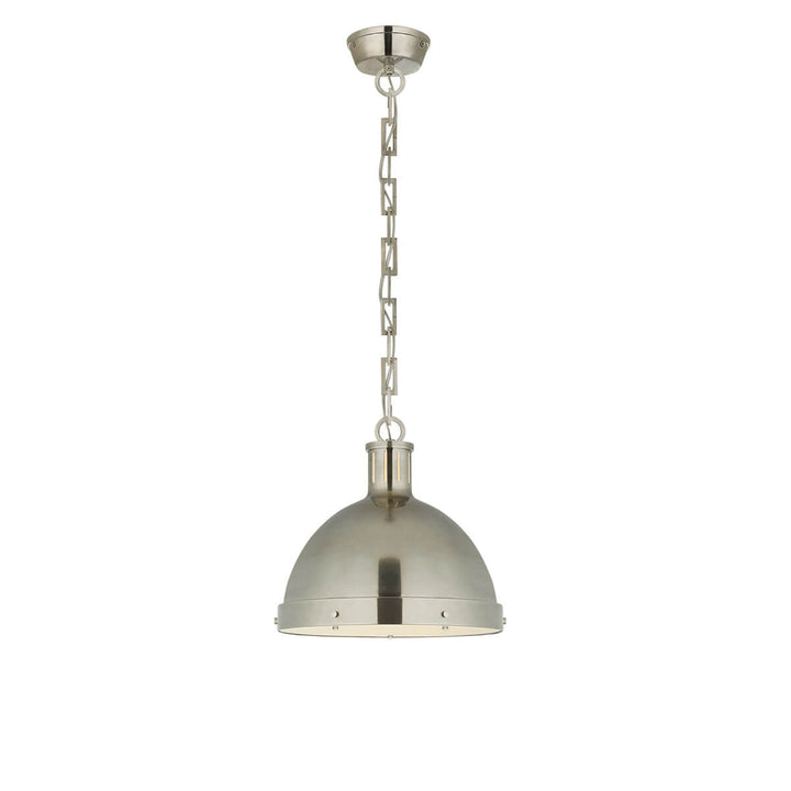 The Hicks Dome Pendant has a rectangular chain, antique nickel dome light and bolt cover details.