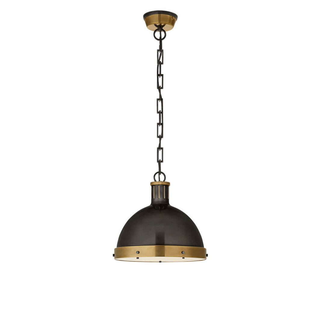 The Hicks Dome Pendant has a rectangular chain, bronze dome light and antique brass bolt cover details.