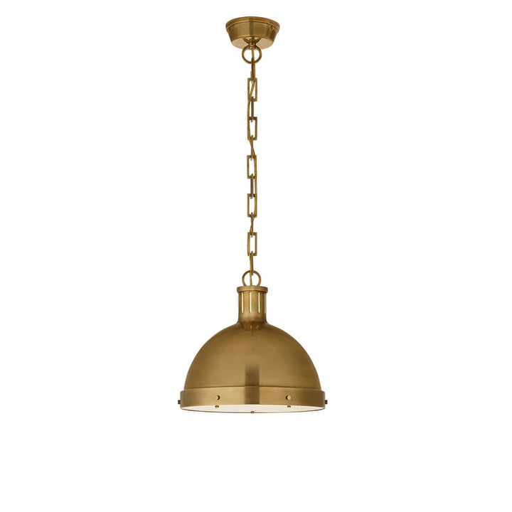 The Hicks Dome Pendant has a rectangular chain, polished hand-rubbed antique brass dome light and bolt cover details.