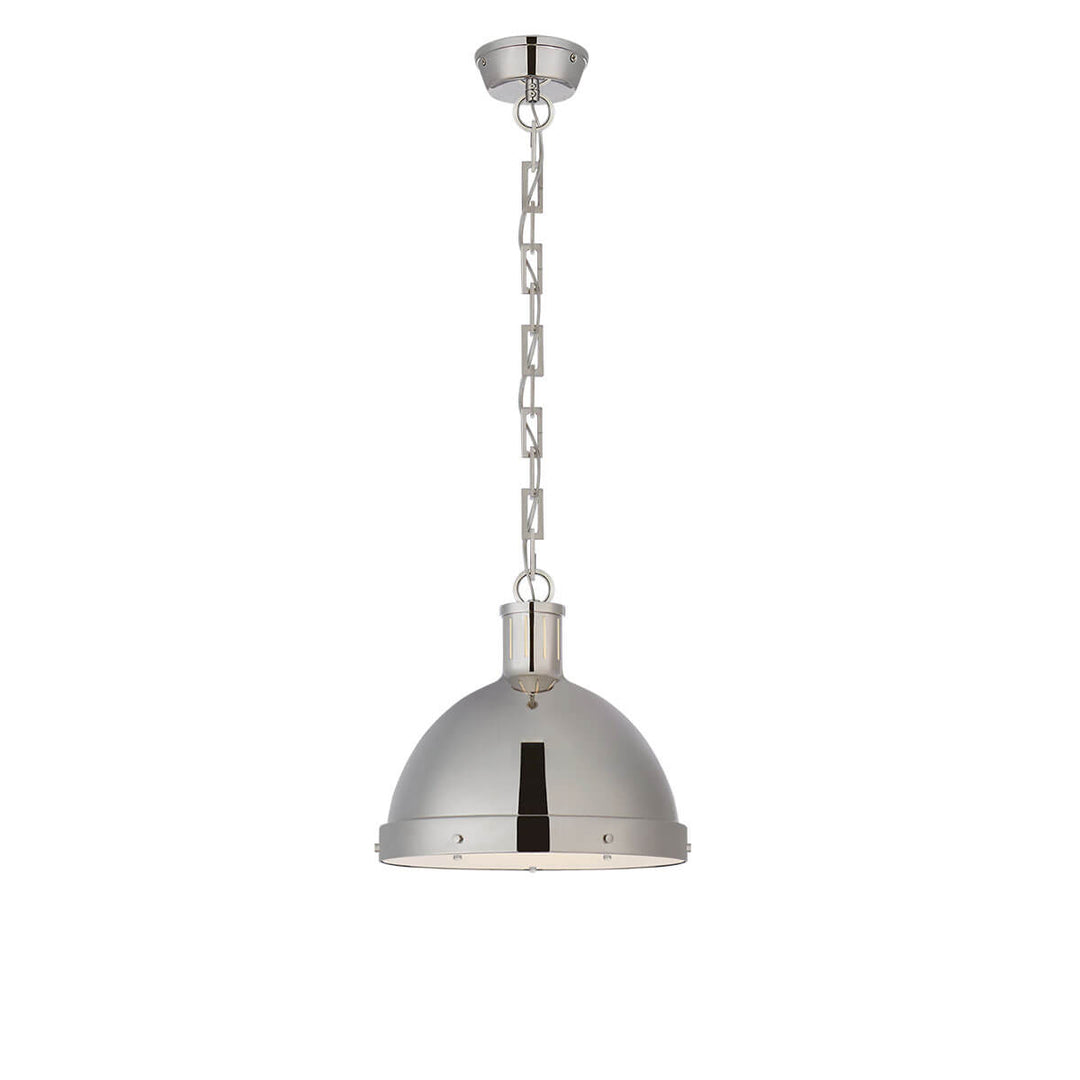The Hicks Dome Pendant has a rectangular chain, polished nickel dome light and bolt cover details.