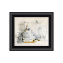 An abstract art pice with layered textures and grey tones that are contrasted with bold black streaks and golden yellow.