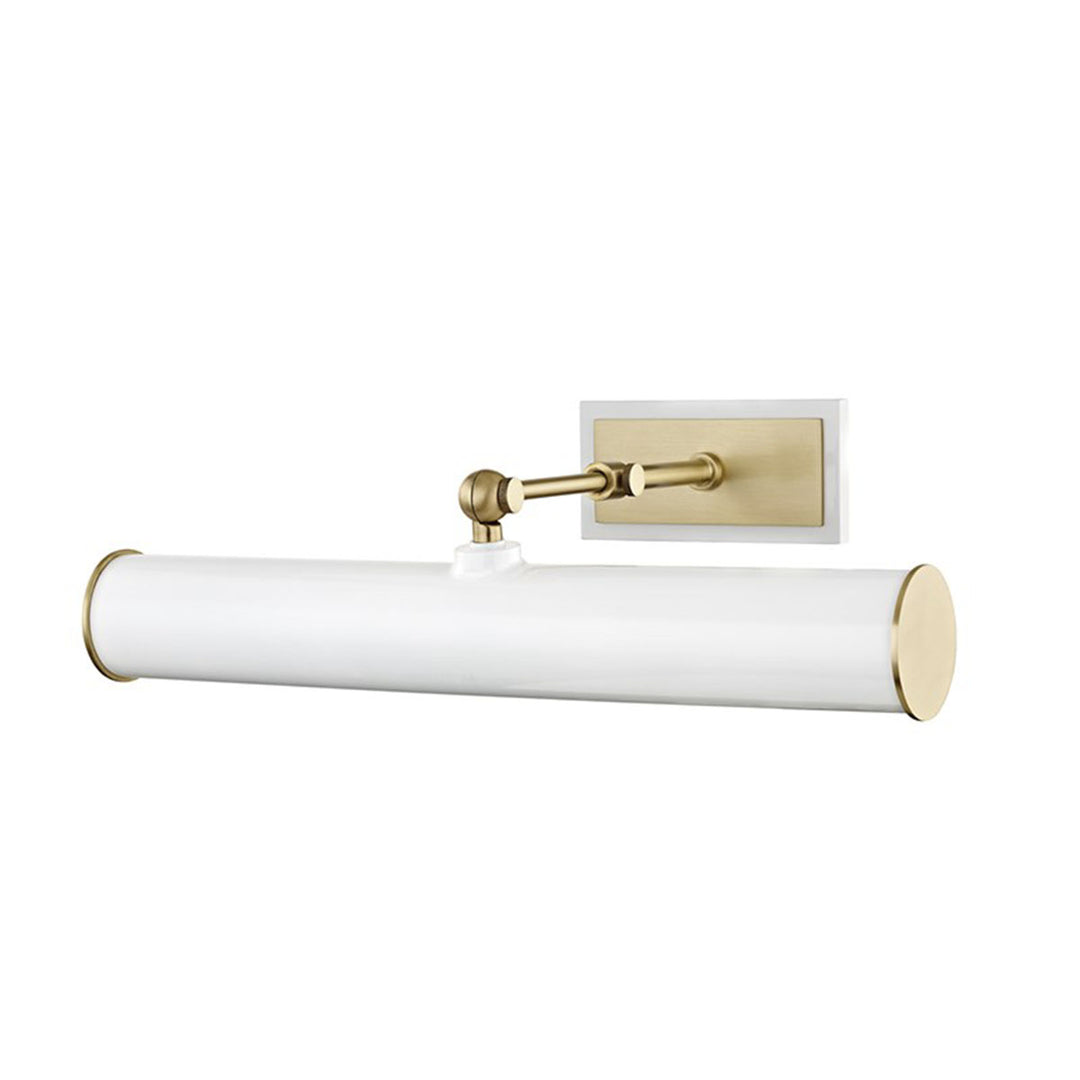 The Raleigh Picture Light in white and aged brass.