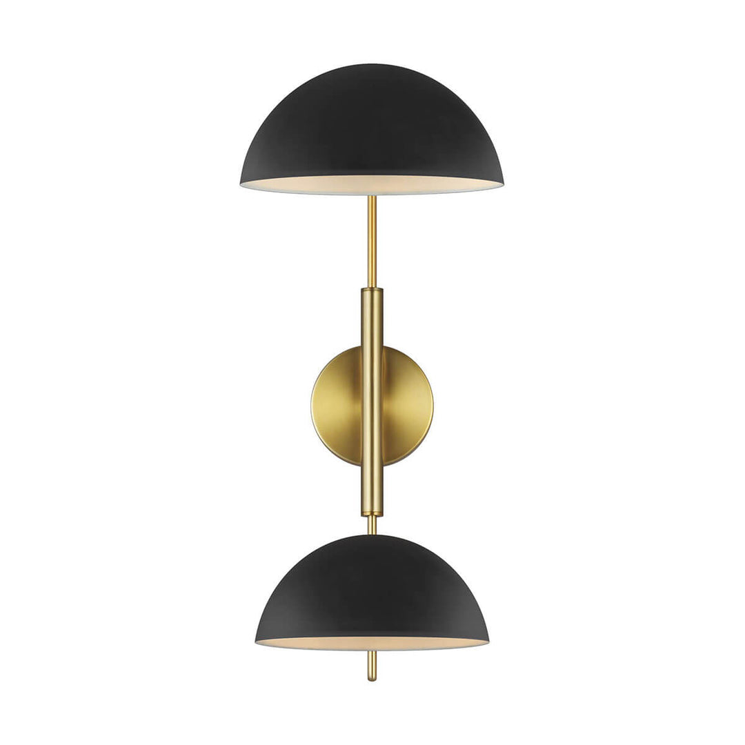 Modern wall sconce with double glass shades in a midnight black finish and brass adjustable arms.