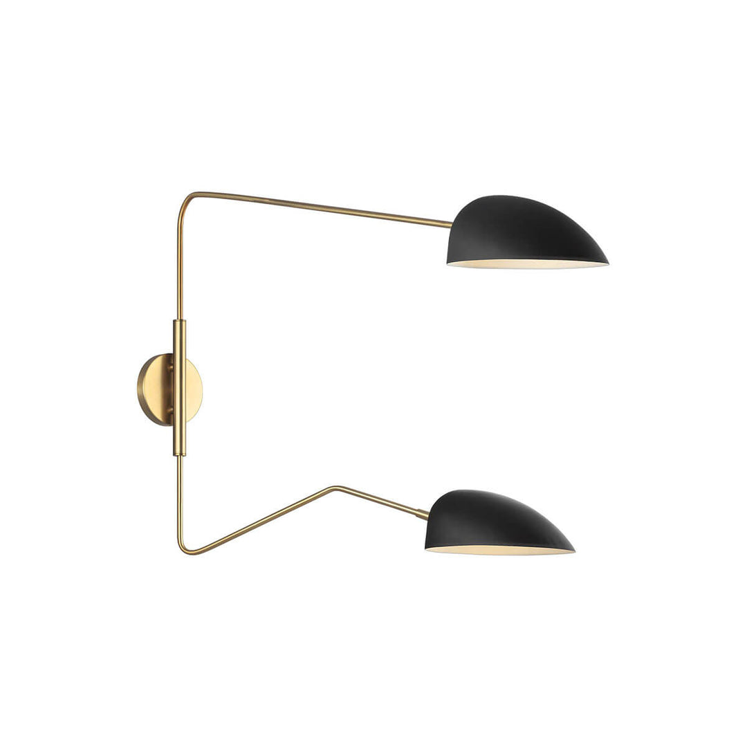 Minimal wall sconce with adjustable brass arms and midnight black glass lamp shades with a subtle leaf shape.