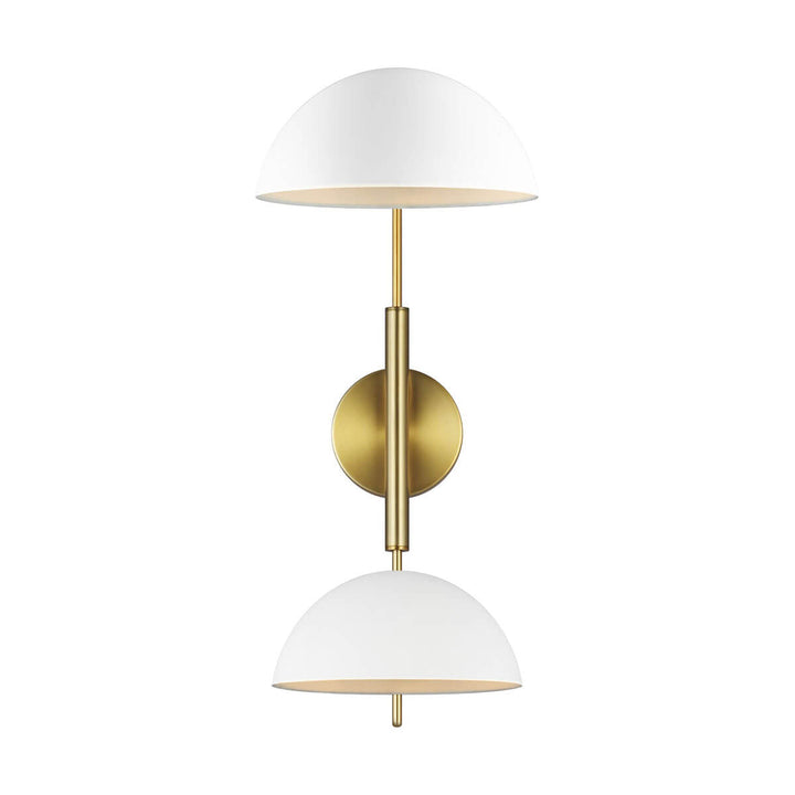 Minimal wall light with antique brass arms and white glass lamp shades.