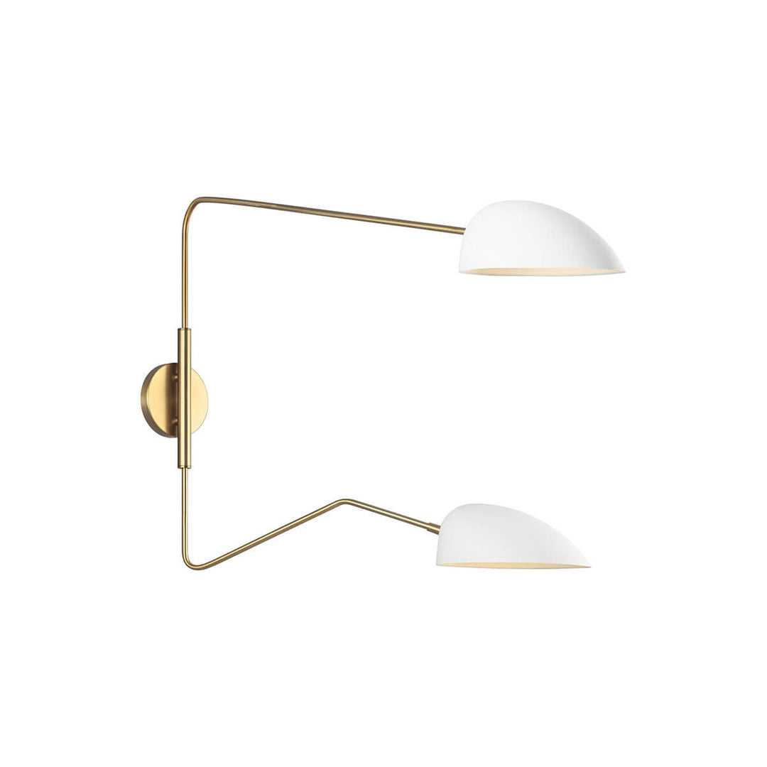Minimal wall sconce with adjustable upper and lower lamp shades in a white glass finish.