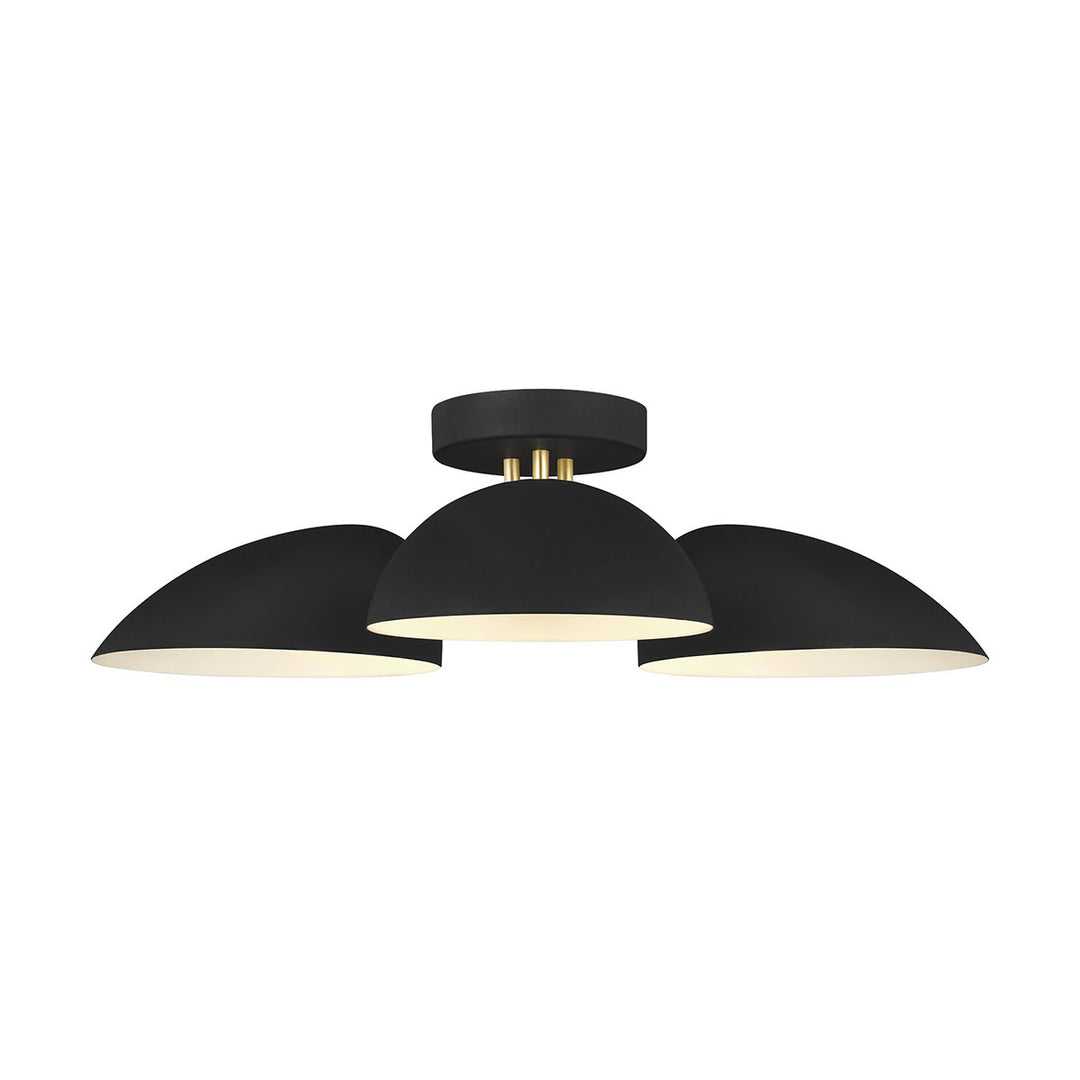 Modern looking flush mount lighting with 3 bulbs and midnight black glass shades.