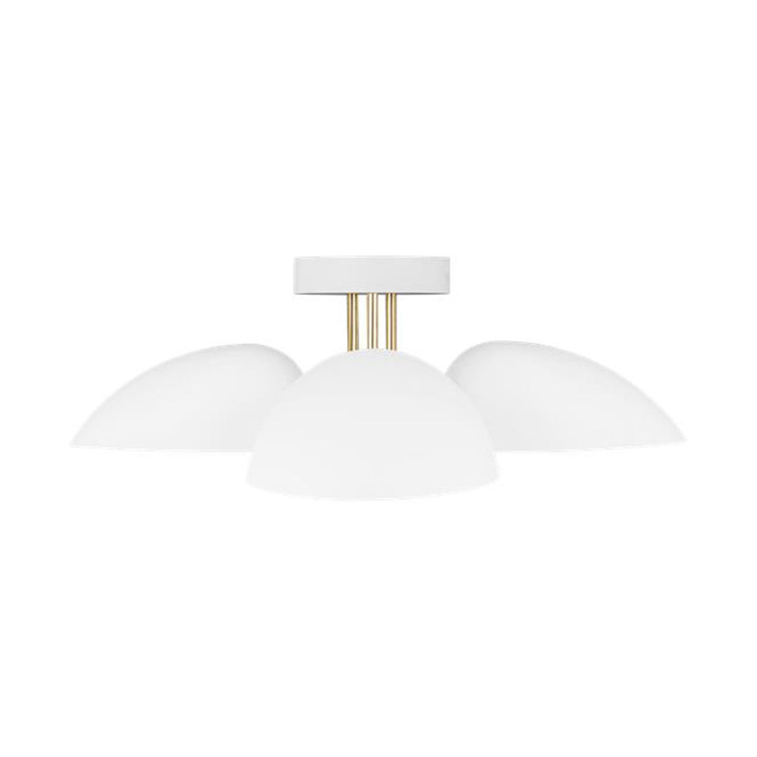 The white glass shades and burnished brass body on the modern ceiling lighting.