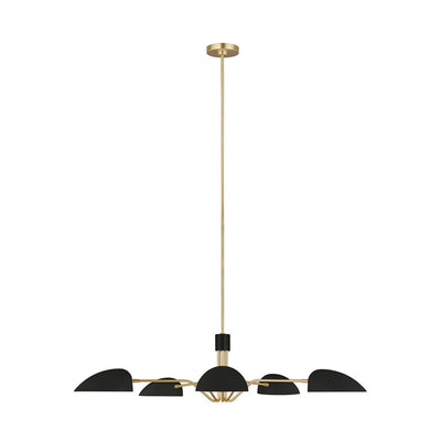 London Chandelier with a burnished brass body and midnight black shades.