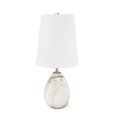 The Pomezia Alabaster Mini Lamp has a simple, alabaster base and an elongated white shade.