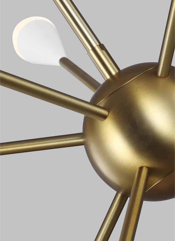 Modern shape and linear rod details on the Vegas Chandelier Medium in a burnished brass finish.
