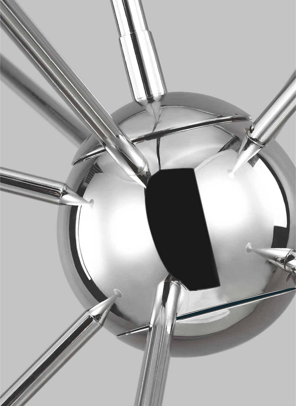 Polished nickel ball and rod details on the modern statement chandelier.