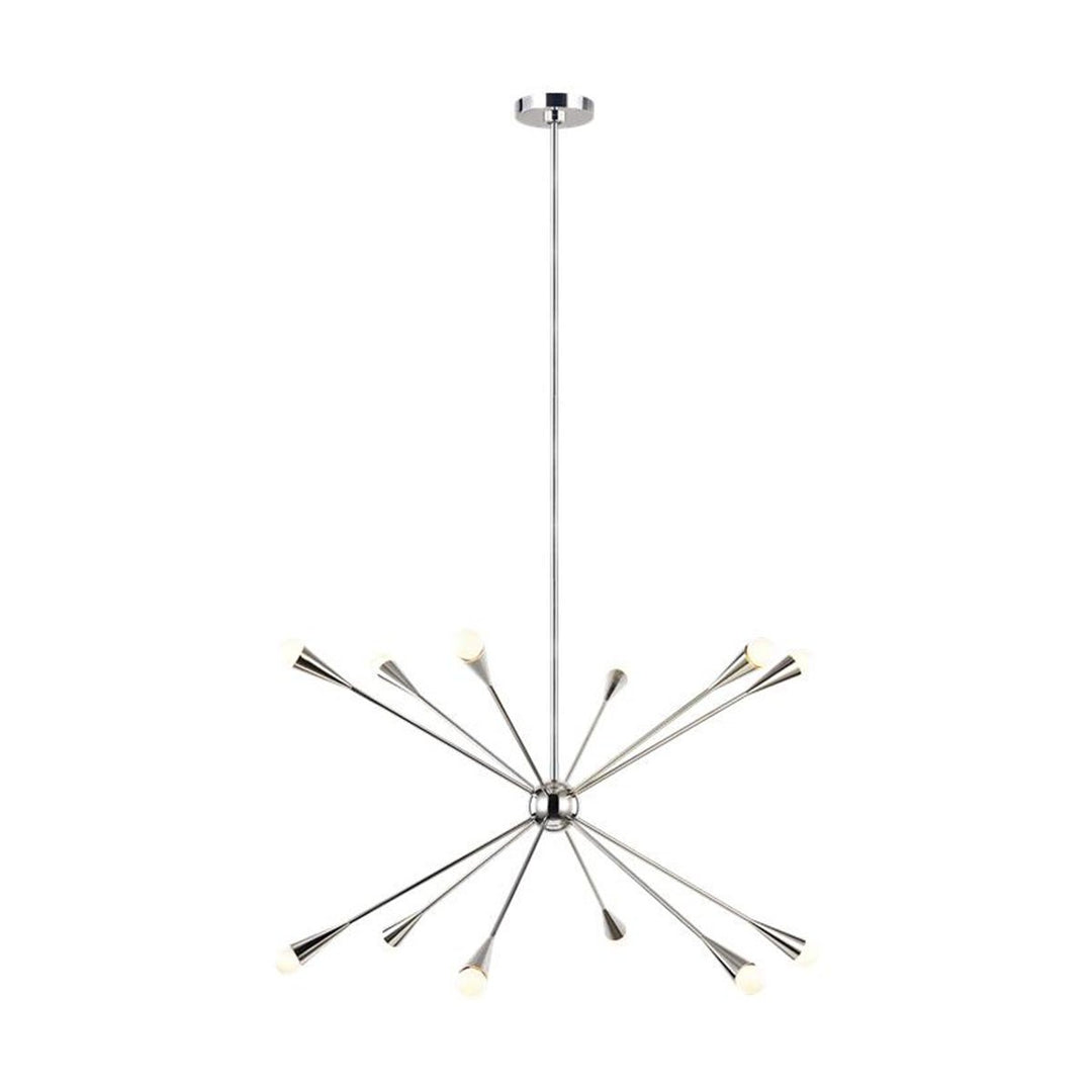 Vegas Chandelier Large in a polished nickel finish. Modern metal chandelier with an industrial, starburst look.
