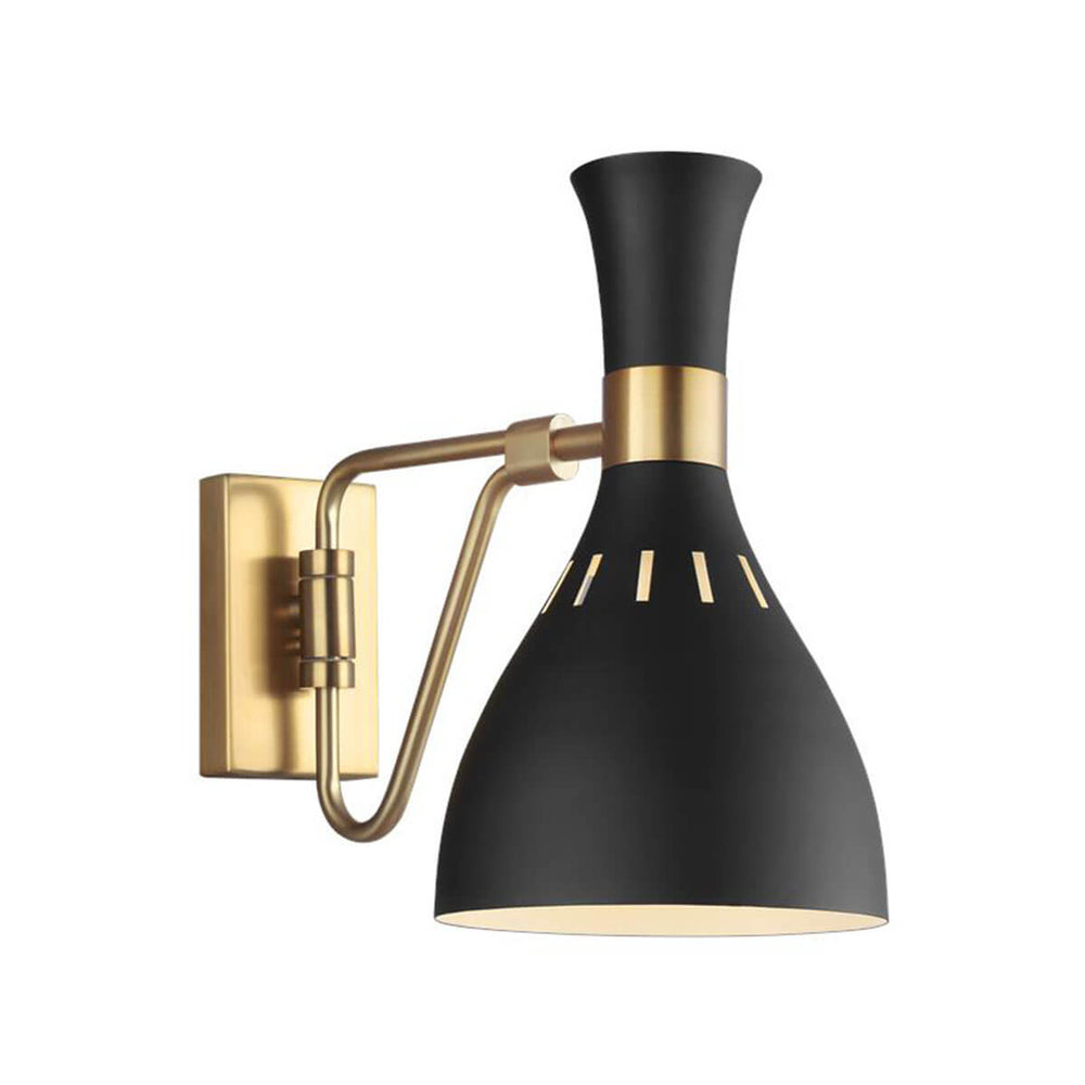 The Irvine Wall Sconce with a midnight black finish and antique brass arm and backplate.