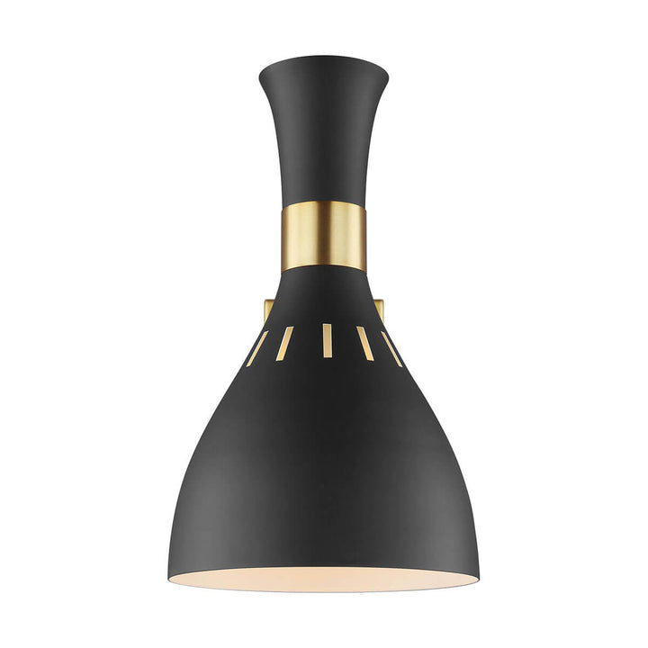 Modern coned wall sconce in a midnight black finish with brass hardware.