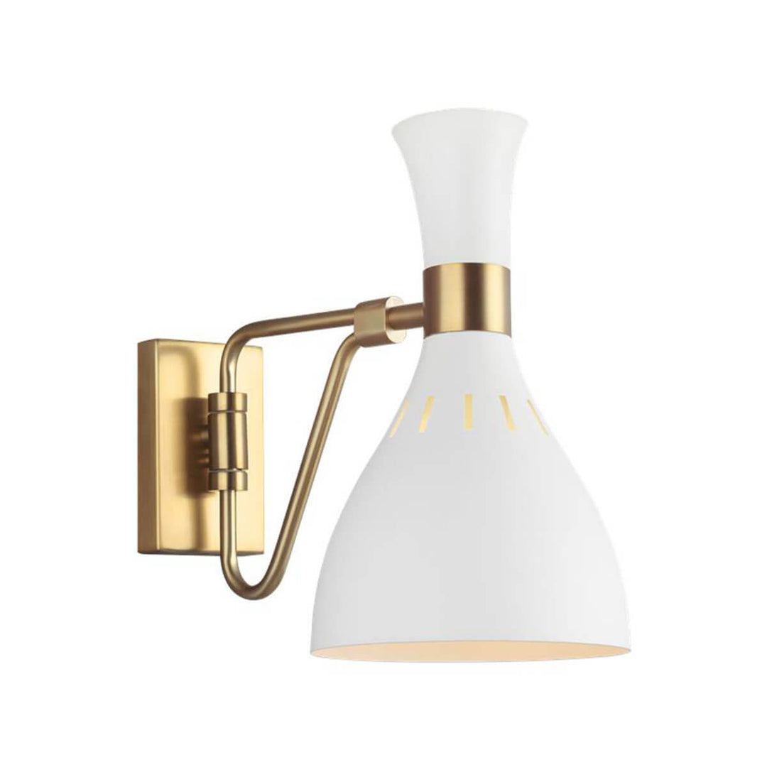 The Irvine Wall Sconce has a matte white finish and antique brass backplate, arm and cuff detail.