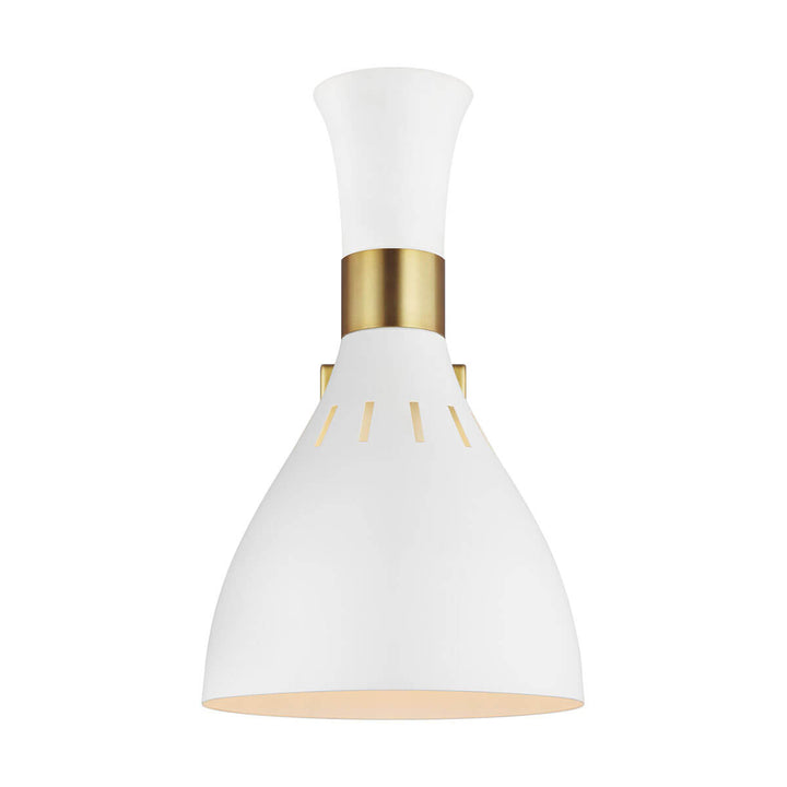 Sleek matte white office wall sconce with brass details and a coned shape.