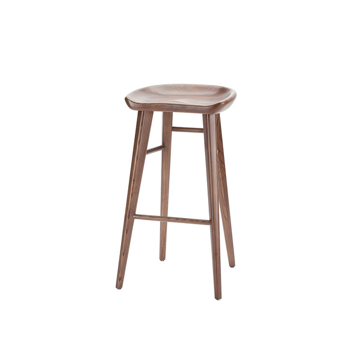 Classic backless bar stool made from solid wood with a curved seat and long, straight legs.