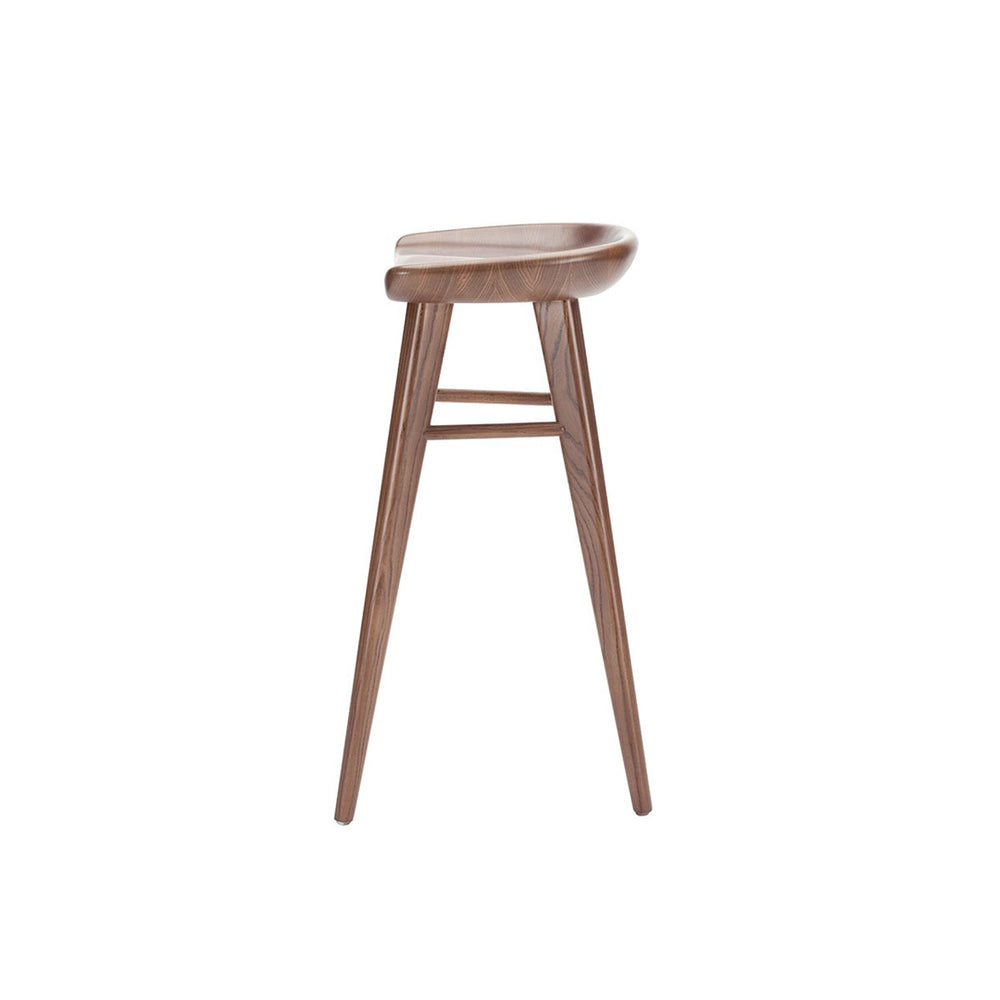 Side view of the curved seat and triangular legs on the simple backless bar stool.