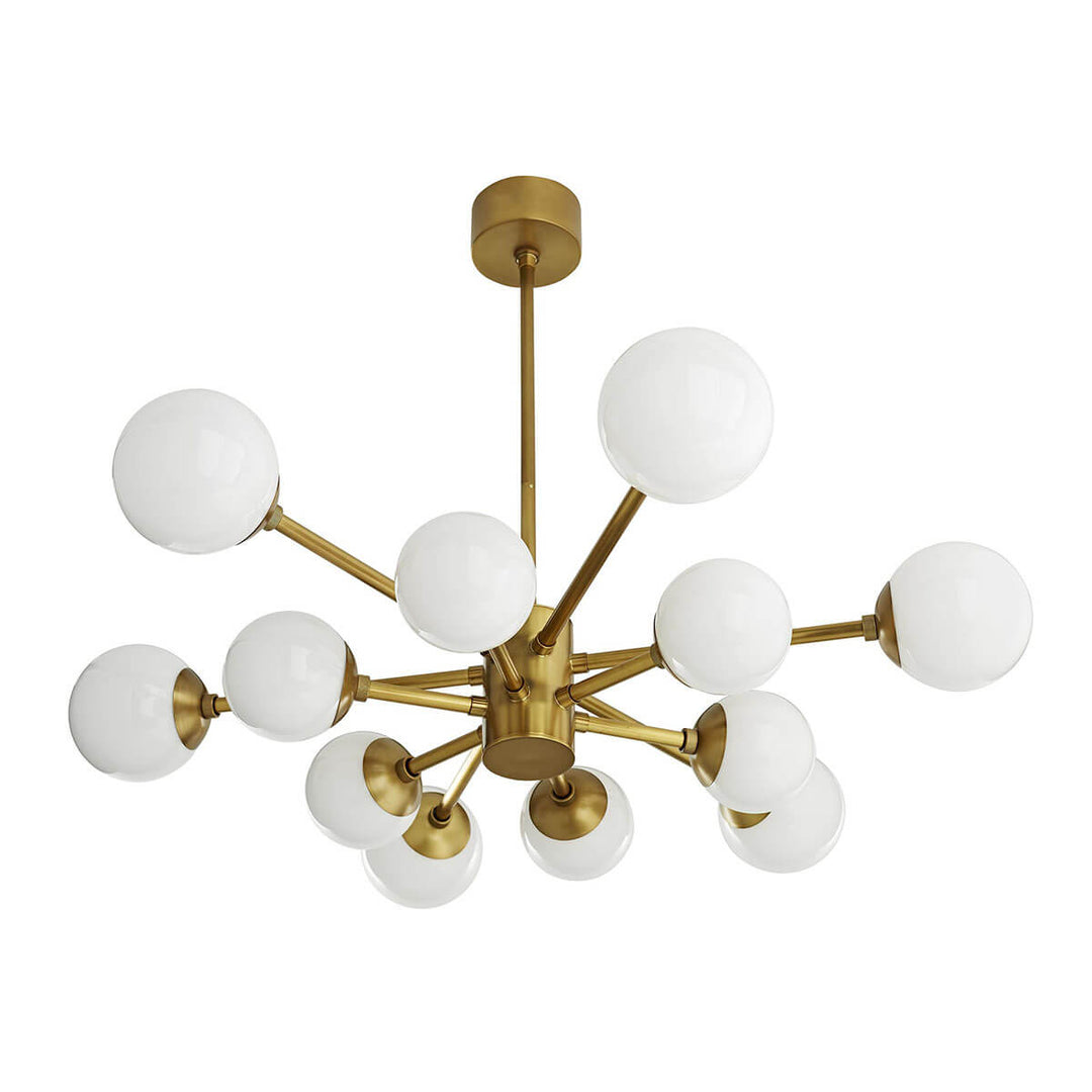 Modern chandelier with brass accents and 12 bulbs suitable for a large table.