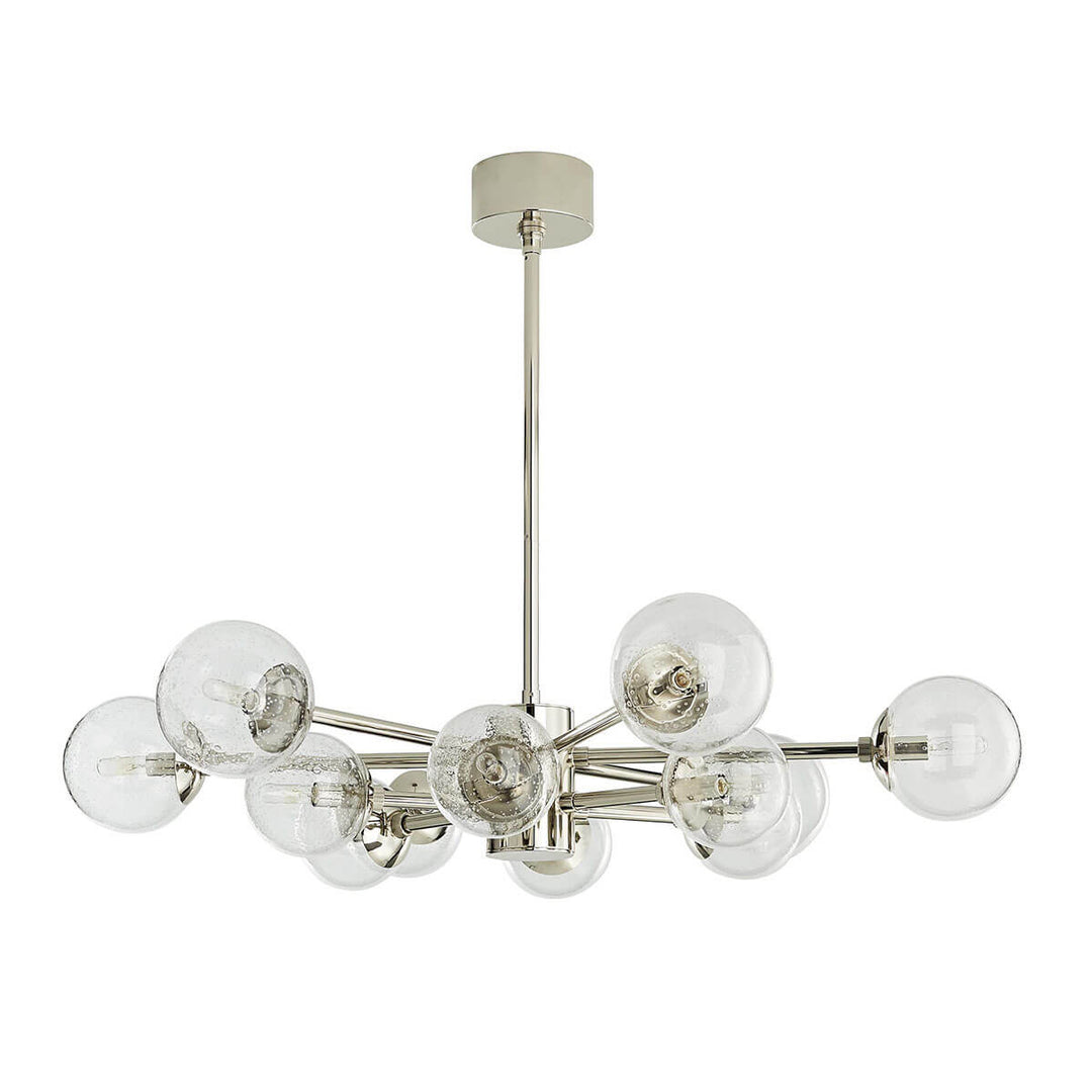 The Portland Chandelier with polished nickel and seedy glass spheres in an irregular symmetrical design.