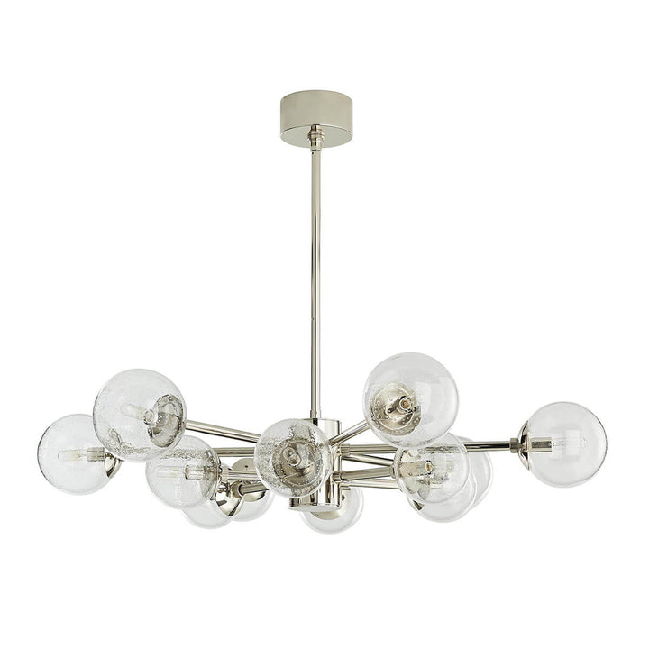 The Portland Chandelier with polished nickel and seedy glass spheres in an irregular symmetrical design.