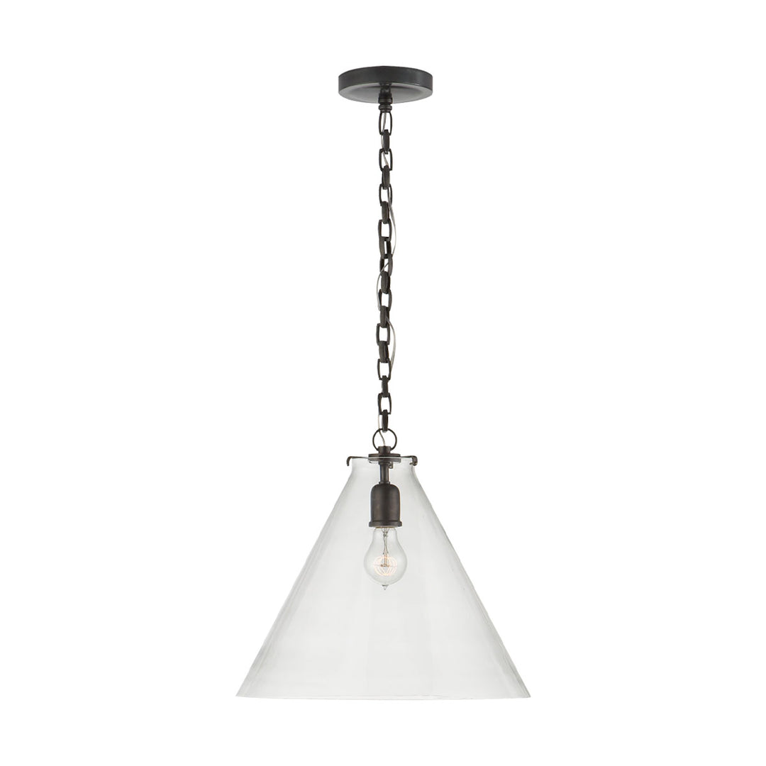 The Katie Conical Pendant shows off the light bulb through its clear glass shade which contrasts against the bold bronze chain and base.