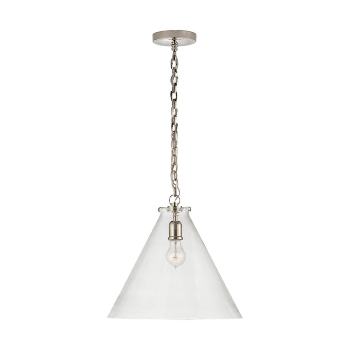 The Katie Conical Pendant shows off the light bulb through its clear glass shade which contrasts against the polished nickel chain and base.