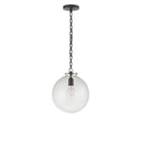 The Katie Globe Pendant is a clear glass globe ceiling light with a bronze chain and hardware.