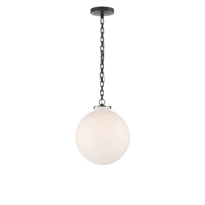 The Katie Globe Pendant is a white glass globe ceiling light with a bronze chain and hardware.