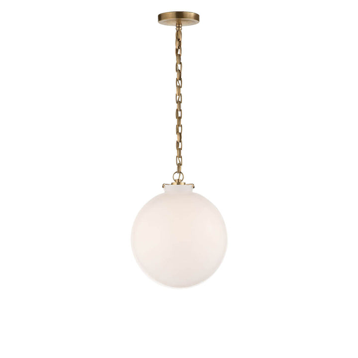 The Katie Globe Pendant is a white glass globe ceiling light with a hand-rubbed antique brass chain and hardware.