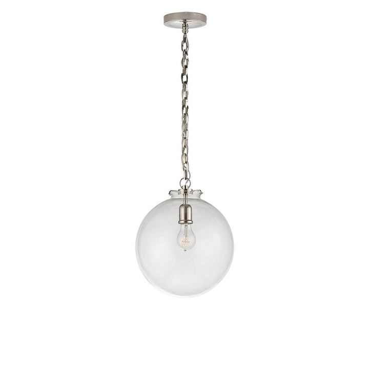 The Katie Globe Pendant is a clear glass globe ceiling light with a polished nickel chain and hardware.