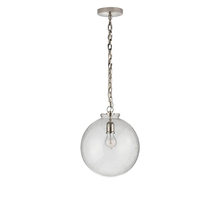 The Katie Globe Pendant is a seeded glass globe ceiling light with a polished nickel chain and hardware.