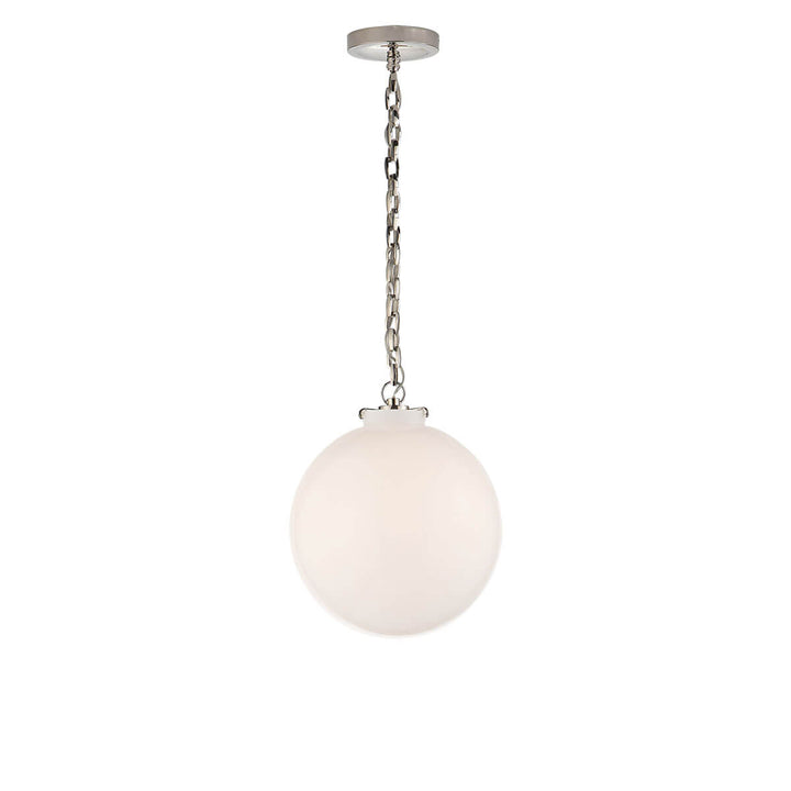 The Katie Globe Pendant is a white glass globe ceiling light with a polished nickel chain and hardware.