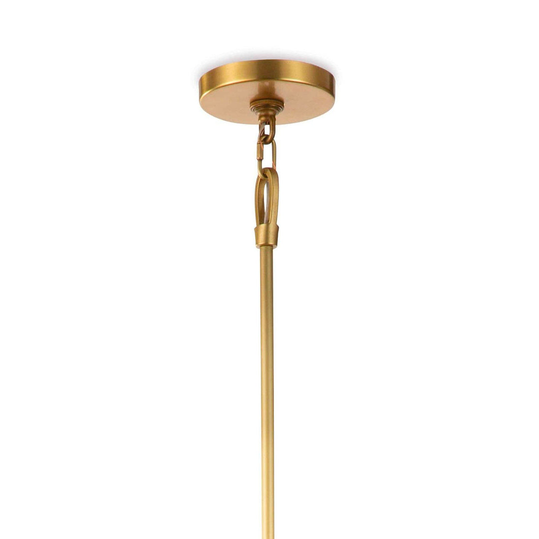 The base of the Kipawa Chandelier in a natural brass finish, fixed to the ceiling.