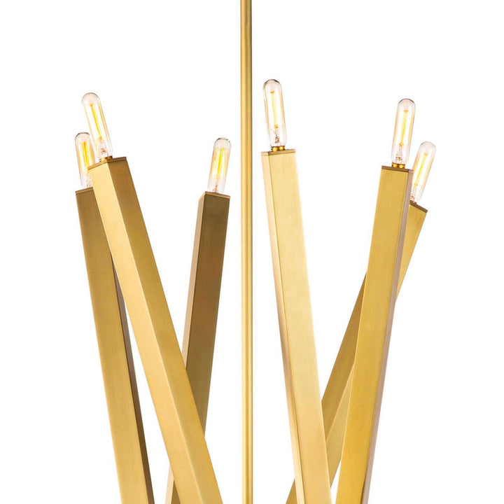 Close up of the rectangular shaped arms of the Kipawa Chandelier with a natural brass finish.