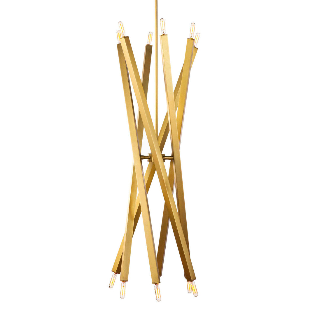 A natural brass, geometric chandelier that can be customized with adjustable arms. Shown with arms adjusted to a narrow position.