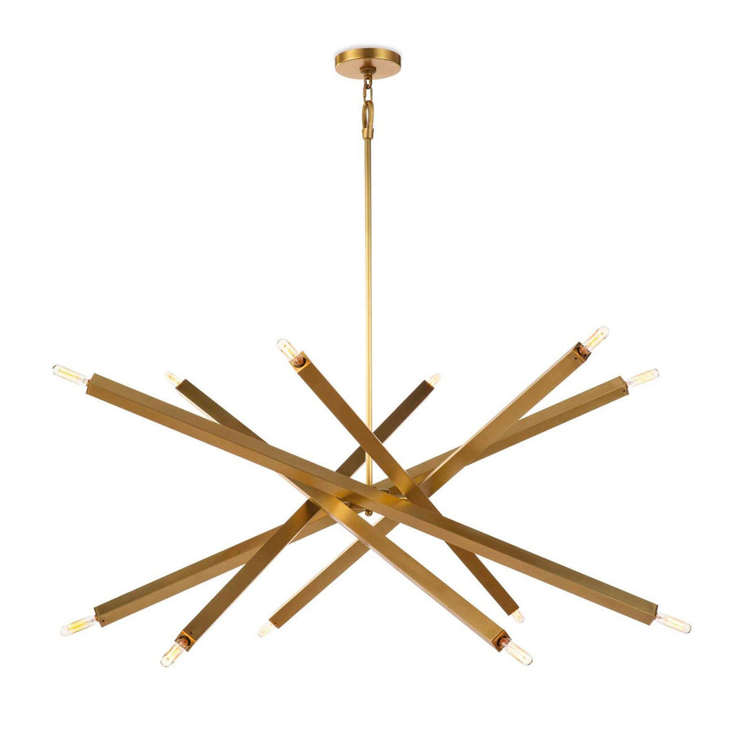 A natural brass, geometric chandelier with adjustable arms. Shown with arms adjusted to open position.