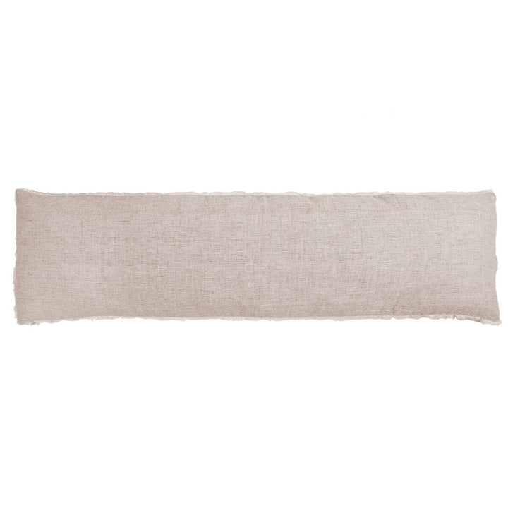 The Oaxaca Body Pillow - Terra Cotta is a soft linen body pillow with frayed edges.