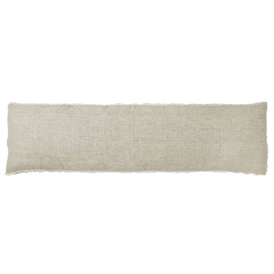 The Oaxaca Body Pillow - Olive is a soft linen body pillow with frayed edges.